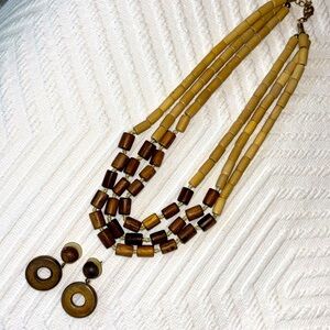 Real wooden beaded layered necklace with matching drop earrings